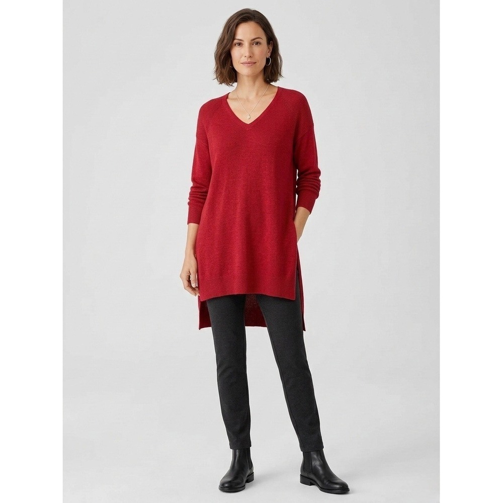 Eileen Fisher Red 100% Italian Wool V-Neck Tunic Sweater High-Low Hem Size M